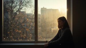 晩秋のやわらかい光が差し込む大きな窓辺で、静かに座る人物の室内風景