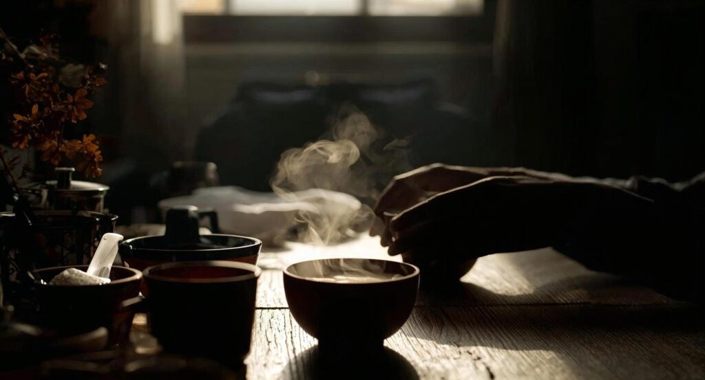 晩秋の静かな室内で、湯気の立つ温かい器に手を添える落ち着いた手元の風景