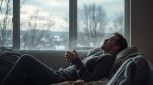 冬の自然光が差し込む室内で、温かい飲み物を持ちながら静かに身体を休める男性のひととき