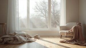 冬のやわらかな自然光が差し込む室内で、ブランケットとカップが置かれた静かな暮らしの空間