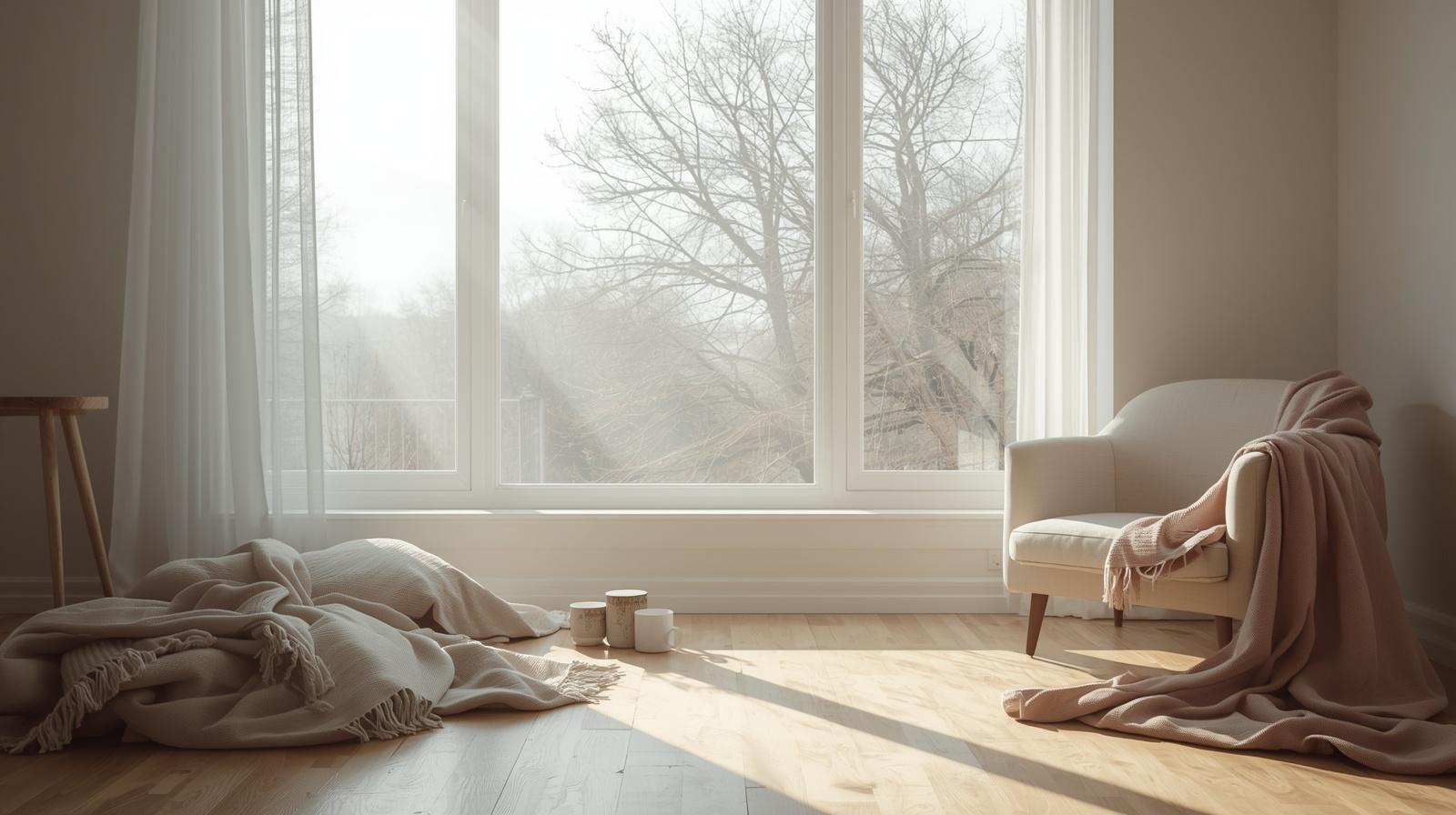 冬のやわらかな自然光が差し込む室内で、ブランケットとカップが置かれた静かな暮らしの空間