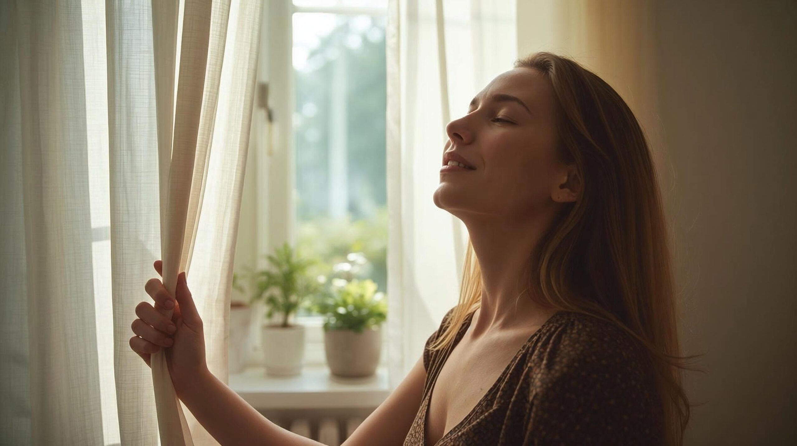 朝の光を浴びて自律神経を整える女性のイメージ