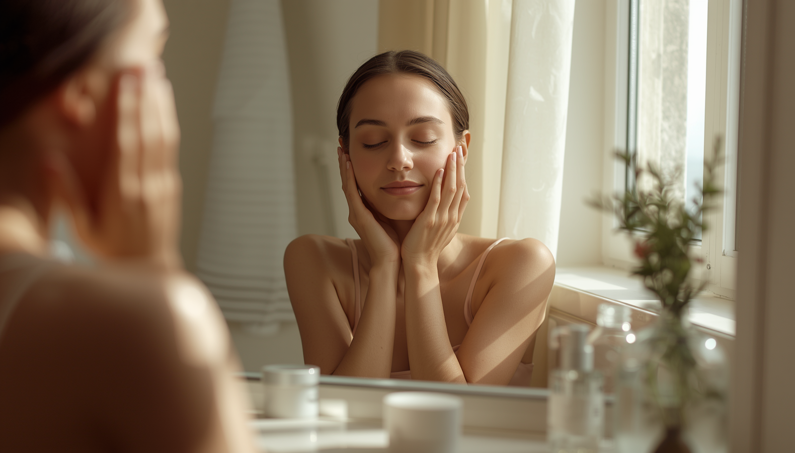 朝のやわらかな自然光の中で、鏡の前で両手で頬を包み、静かに目を閉じる人物の五感美容イメージ。